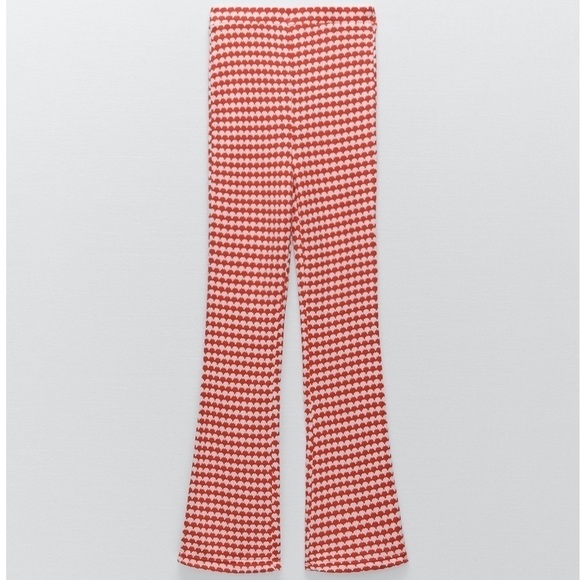 Zara Red White Knit High Waist Flare Leg Pants Trousers - Picture 7 of 8